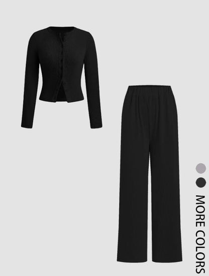 Two-piece Set Women’s Ribbed Crop Top & Elastic Waist Pants